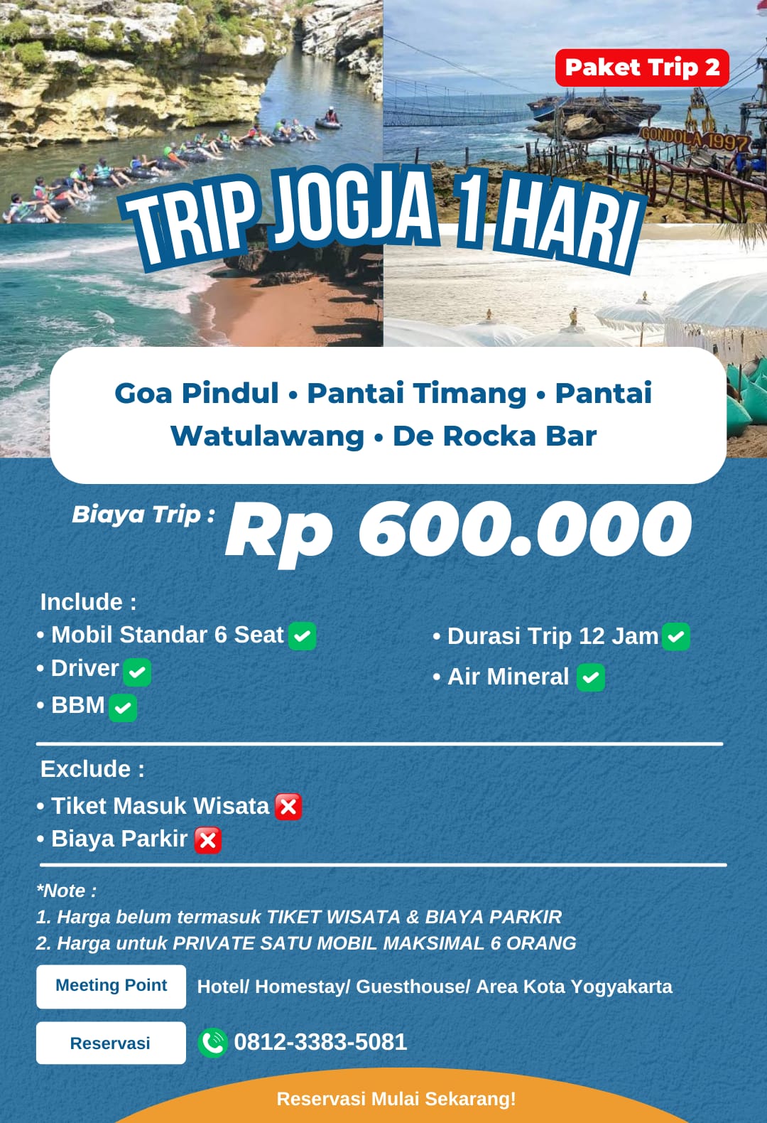 Paket wisata Jogja 1 hari Trip 2: Goa Pindul, Pantai Timang, Watulawang, De Rocka Bar