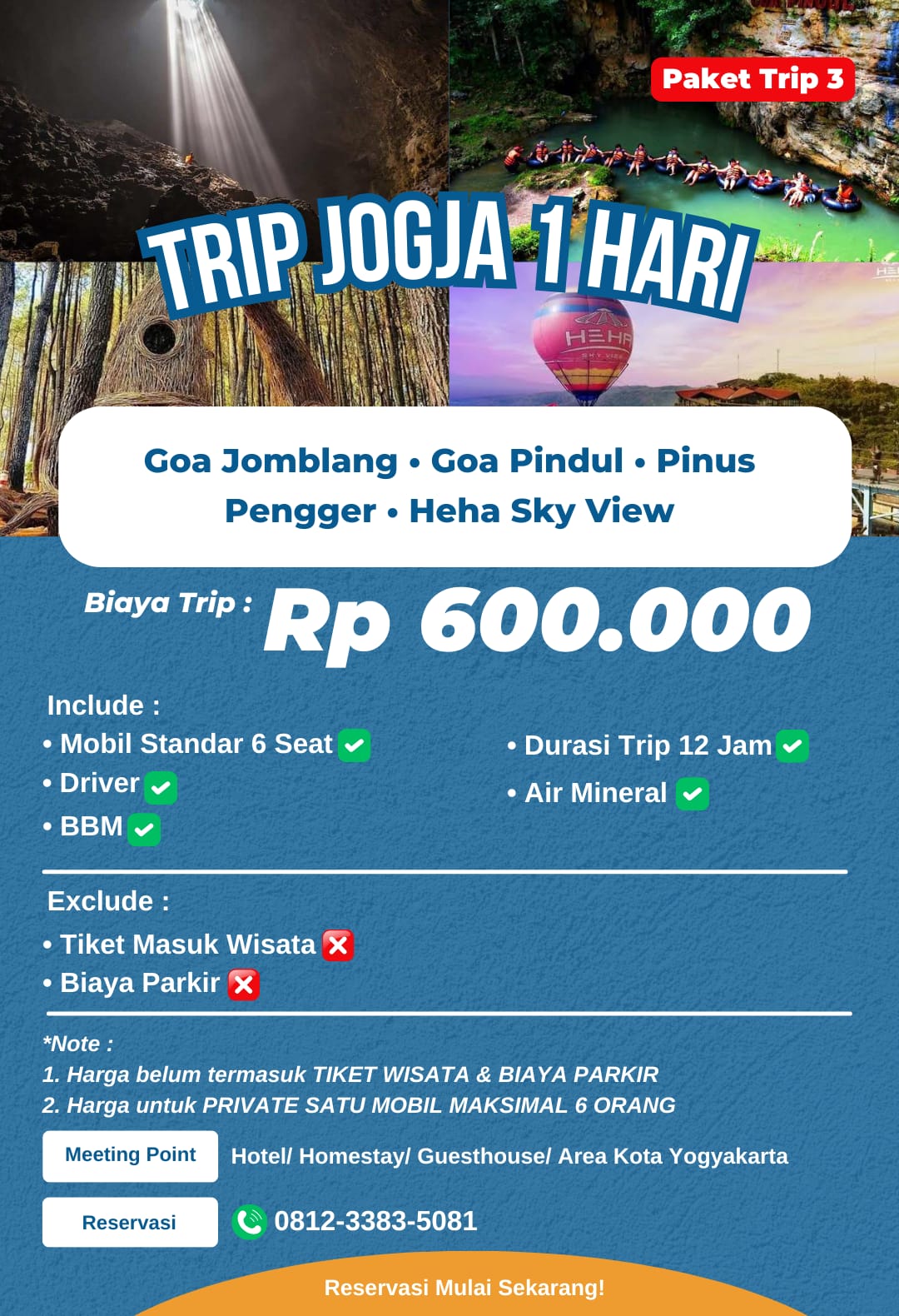 Paket wisata Jogja 1 hari Trip 3: Goa Jomblang, Goa Pindul, Pinus Pengger, Heha Sky View