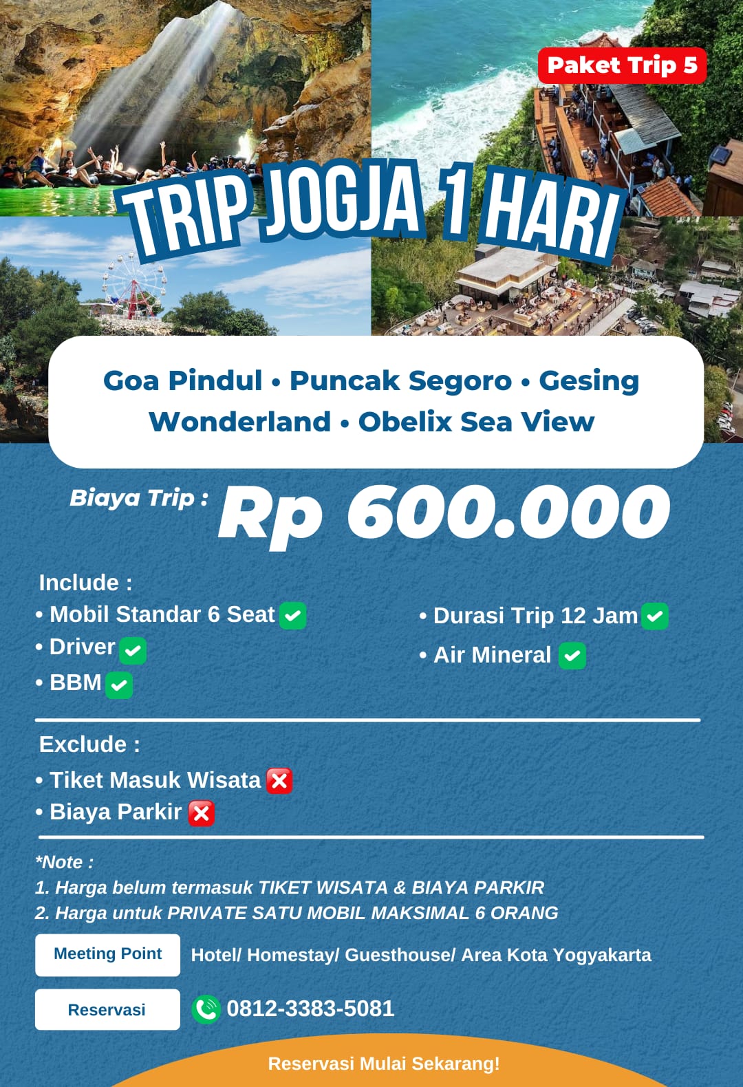 Paket wisata Jogja 1 hari Trip 5: Goa Pindul, Puncak Segoro, Gesing Wonderland, Obelix Sea View