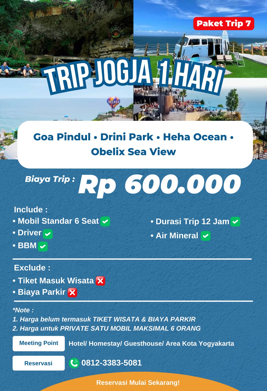 Paket wisata Jogja 1 hari Trip 7: Goa Pindul, Drini Park, Heha Ocean, Obelix Sea View